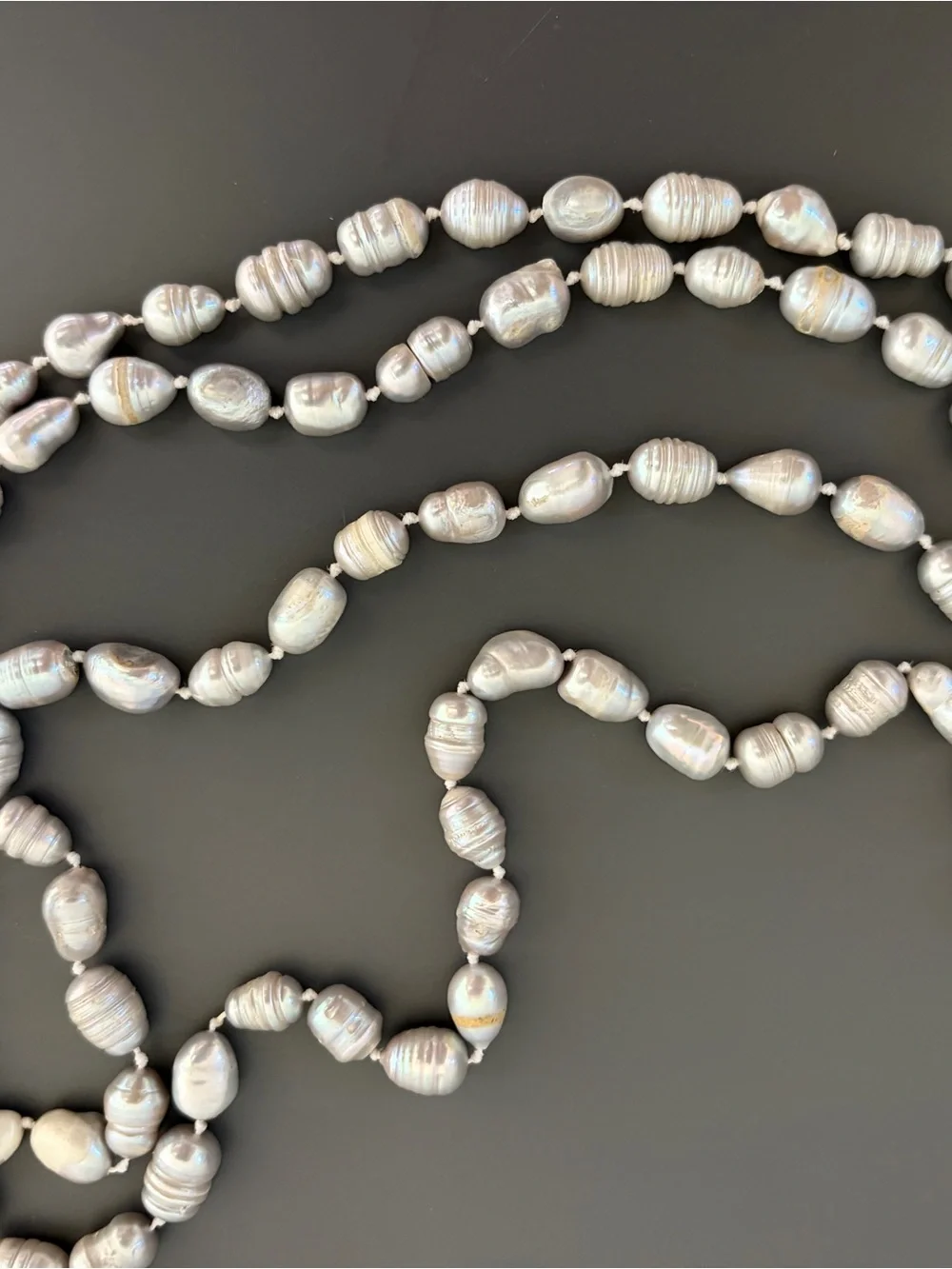 Long Gray Freshwater Baroque Pearl Necklace 48” Endless Knotted Strand